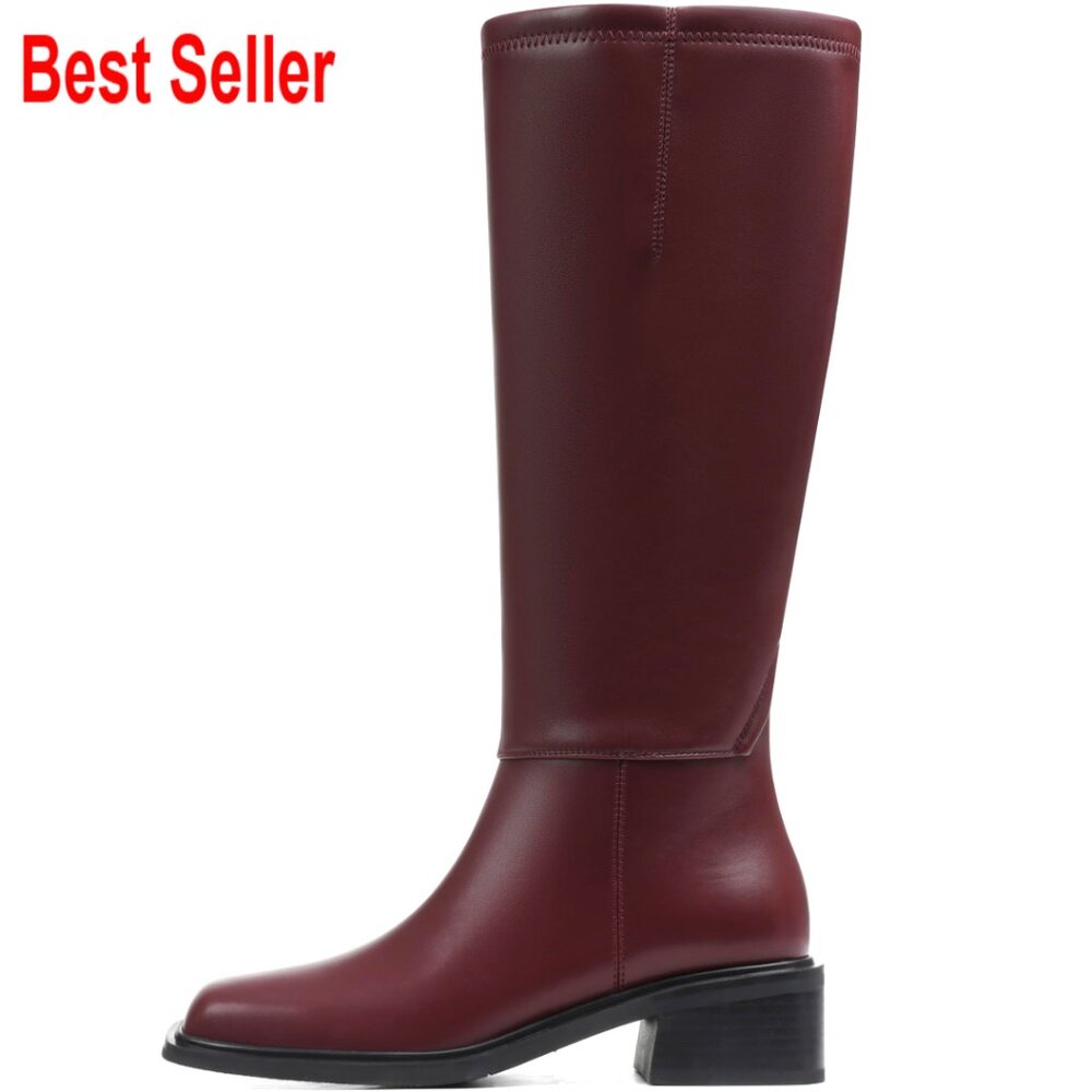 Faux Leather Knee High Boots Low Heel Square Toe Zipper Comfortable